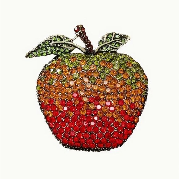 Rhinestone Apple Brooch Pin Fall Colors Gold Tone - Picture 1 of 2
